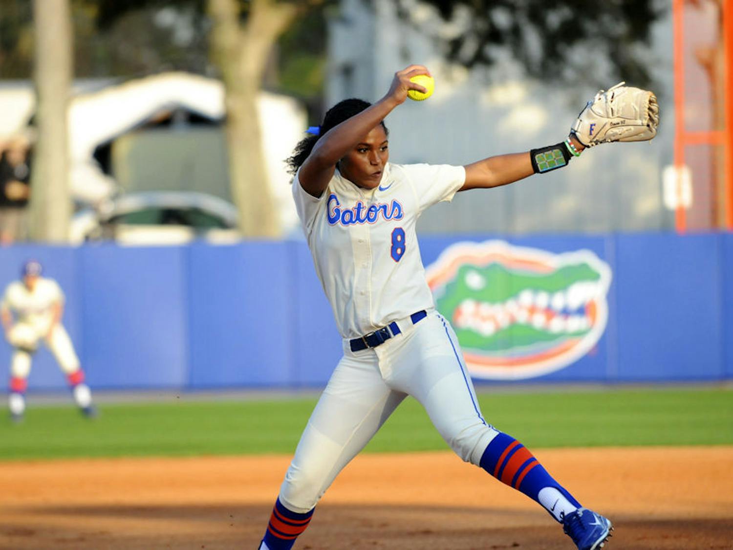 Aleshia Ocasio pitches in the first game of Florida's doubleheader against Jacksonville on Feb. 17, 2016, at Katie Seashole Pressly Stadium.