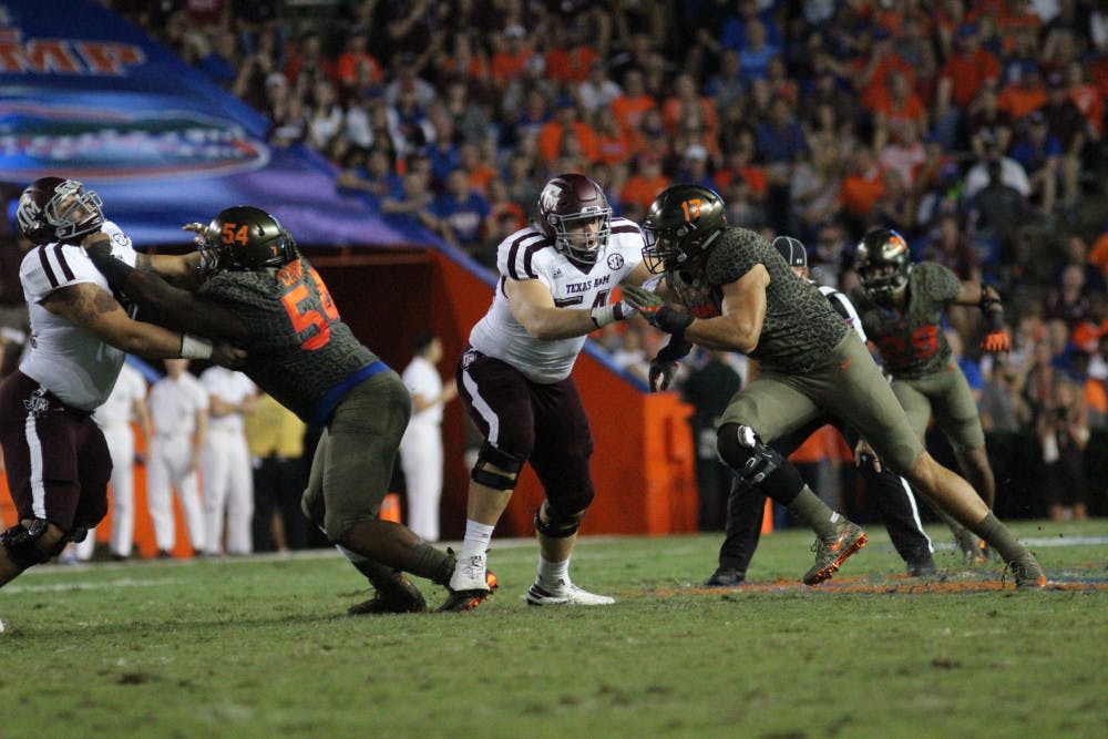 Jordan Sherit (17) attempts to get past a blocker during Florida's 19-17 loss against Texas A&amp;M on Saturday at Ben Hill Griffin Stadium.