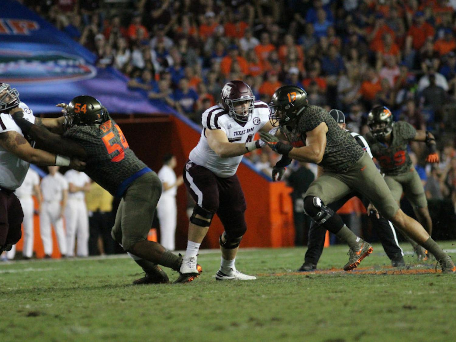 Jordan Sherit (17) attempts to get past a blocker during Florida's 19-17 loss against Texas A&M on Saturday at Ben Hill Griffin Stadium.