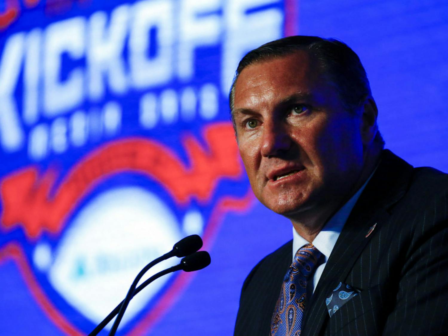 Head Coach Dan Mullen, of Florida, speaks during the NCAA college football Southeastern Conference Media Days, Monday, July 15, 2019, in Hoover, Ala.&nbsp;