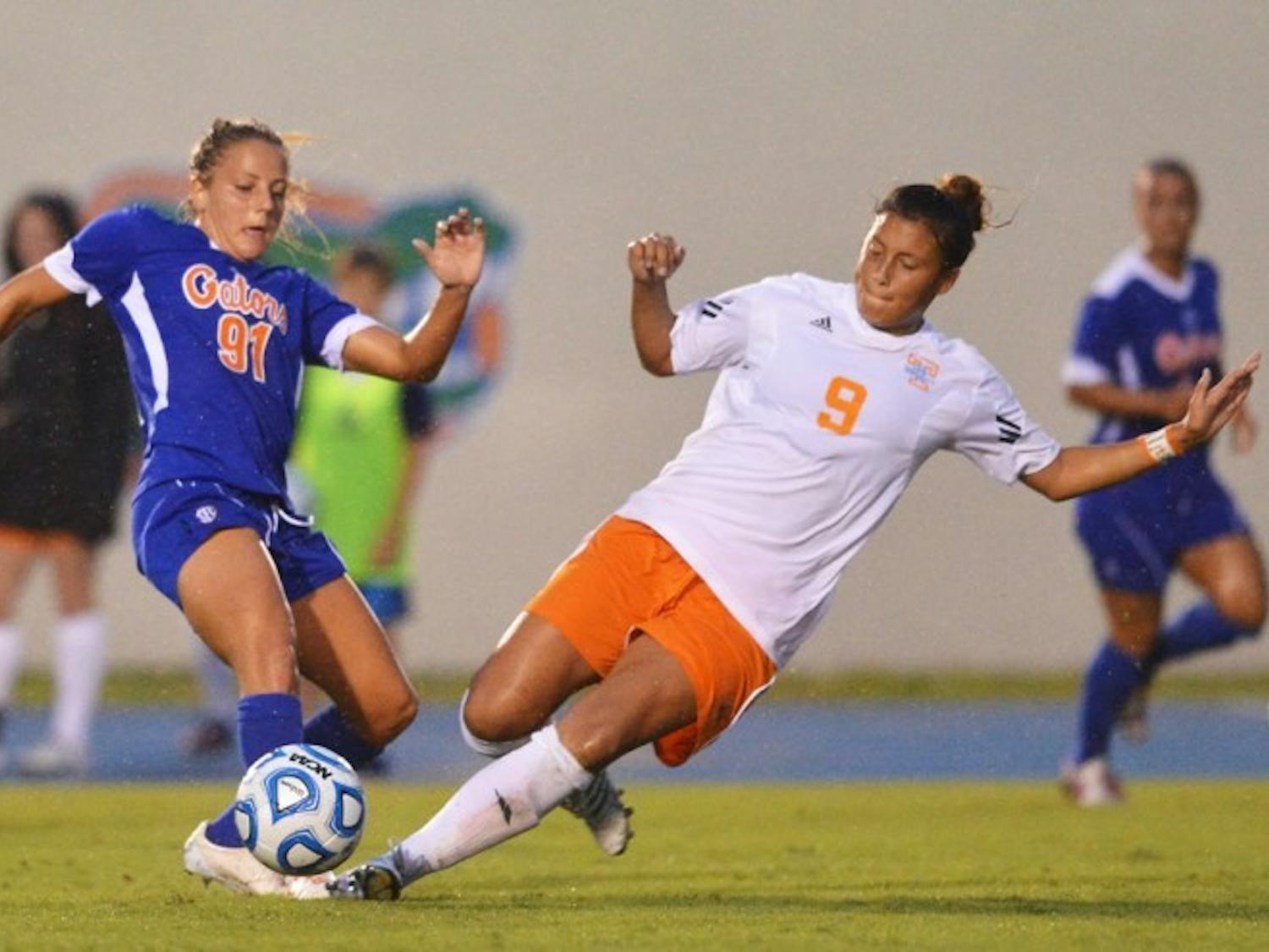 Junior forward Adriana Leon (91) fights for the ball with Tennessee’s Ali Hall (9) during UF’s 2-1 win on Sept. 21 at James G. Pressly Stadium. Despite playing in seven of Florida's 10 games, the junior is second on the team with 21 shots.