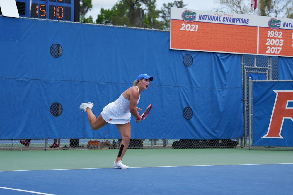 Florida's Rachel Gailis serves the ball in the team's win over Ole Miss on Sunday, March 31, 2024. 
