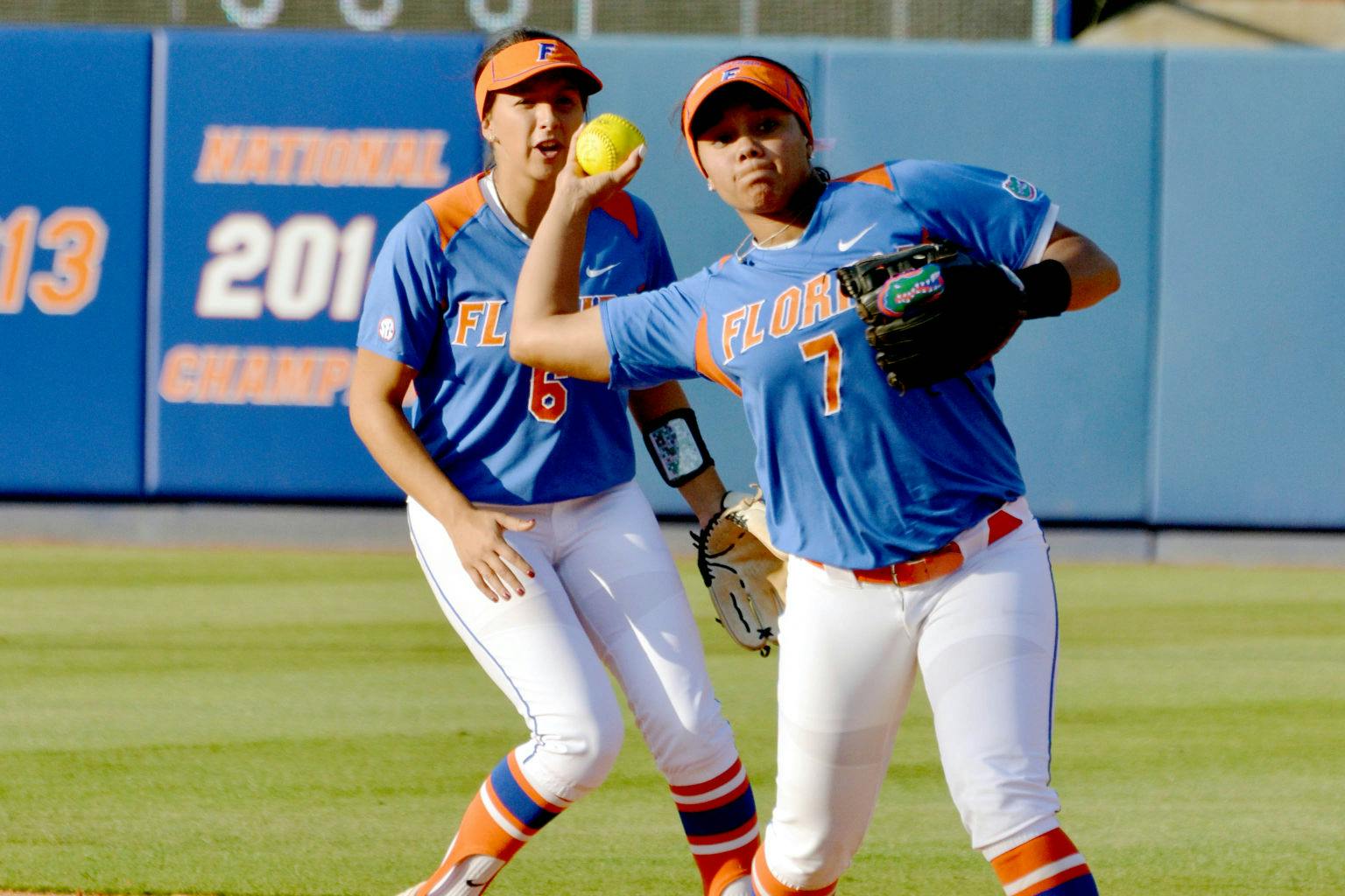 Kelsey Stewart throws to first base during UF's 2-1 win against UNF on April 1 at Katie Seashole Pressly Stadium.