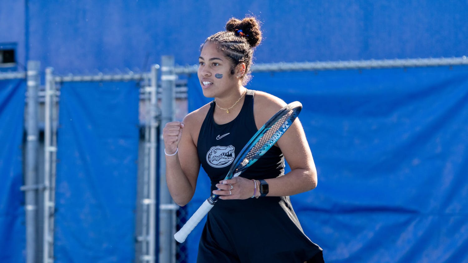 Florida freshman Qavia Lopez celebrates securing a point in the Gators women's tennis season opener against Baylor on Jan. 20, 2024.