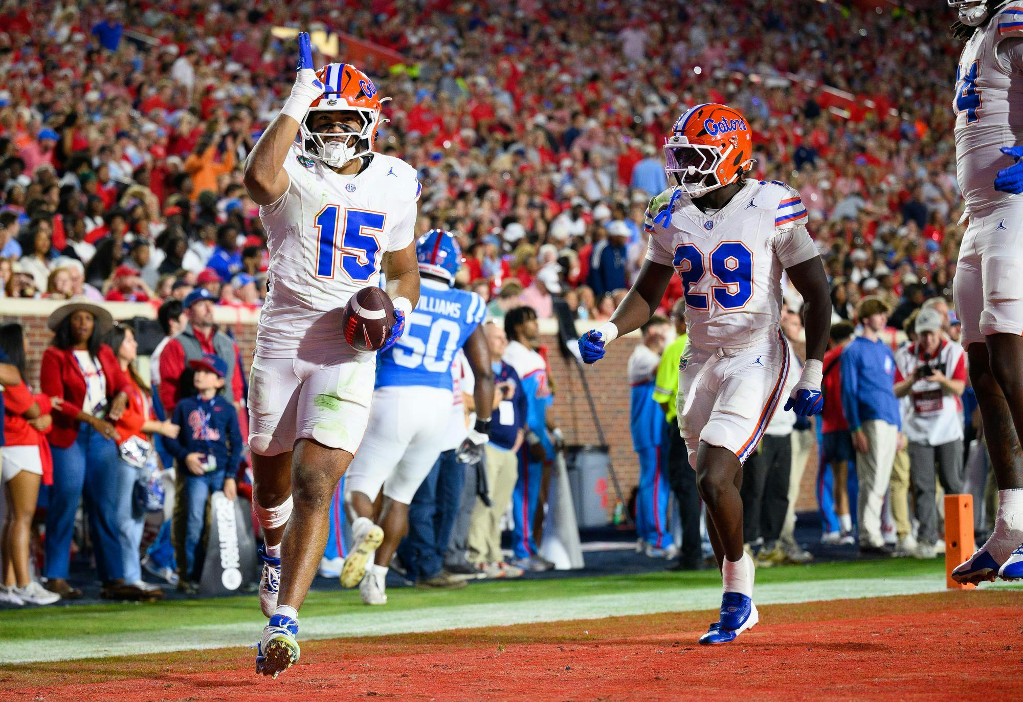 Florida edge rusher Jayden Woods (15) after an interception during the first half of an NCAA college football game, Saturday, Nov. 15, 2025, in Oxford, Miss.