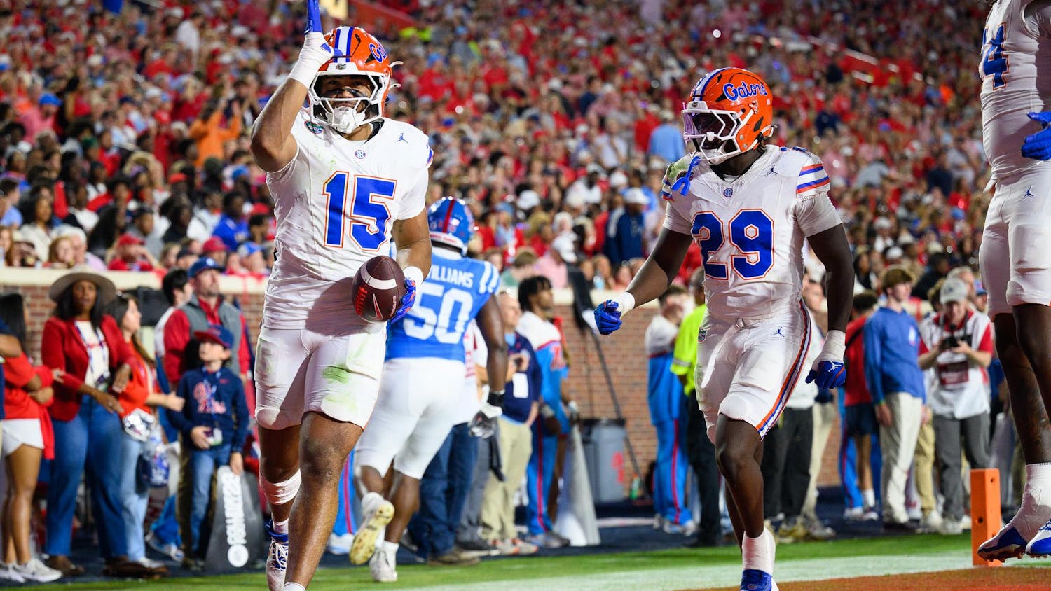 Florida edge rusher Jayden Woods (15) after an interception during the first half of an NCAA college football game, Saturday, Nov. 15, 2025, in Oxford, Miss.