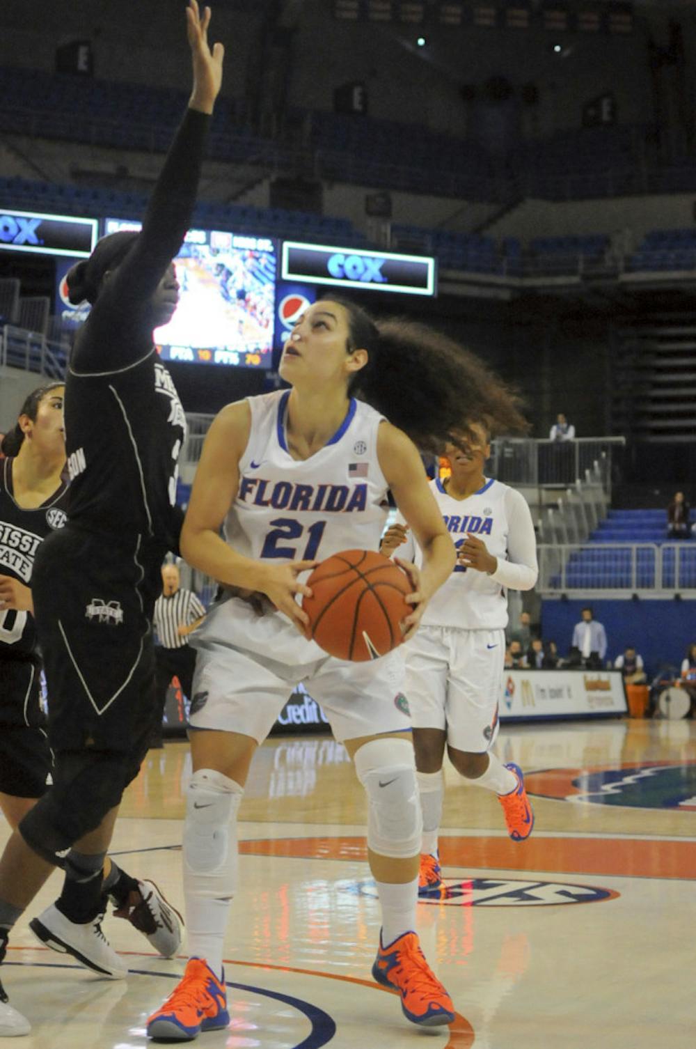 <p>UF guard Eleanna Christinaki prepares to shoot during Florida’s loss to Mississippi State on Jan. 3, 2016.</p>