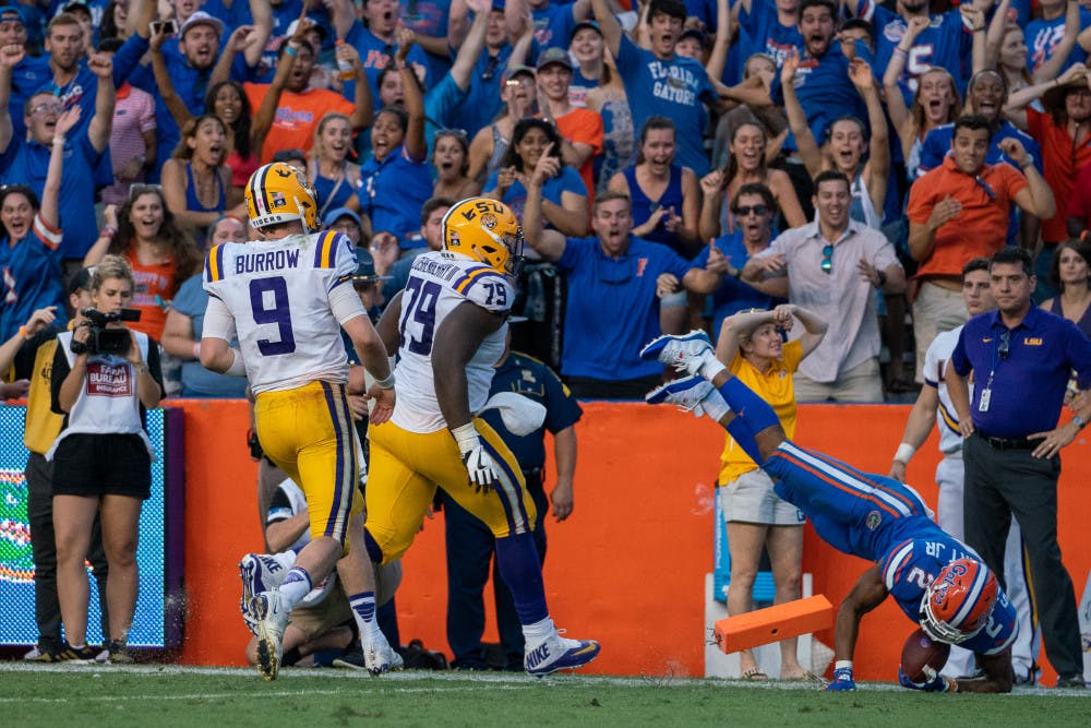 <p>Safety Brad Steward dived for the pylon after picking off LSU quarterback Joe Burrow. It was Burrow's first interception of the season and the game-sealing touchdown in Florida's 27-19 win over the Associated Press's No. 5-ranked team. </p>