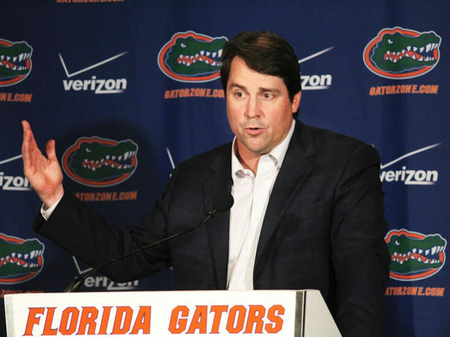 Florida coach Will Muschamp speaks with reporters during his National Signing Day press conference on Wednesday at Ben Hill Griffin Stadium.