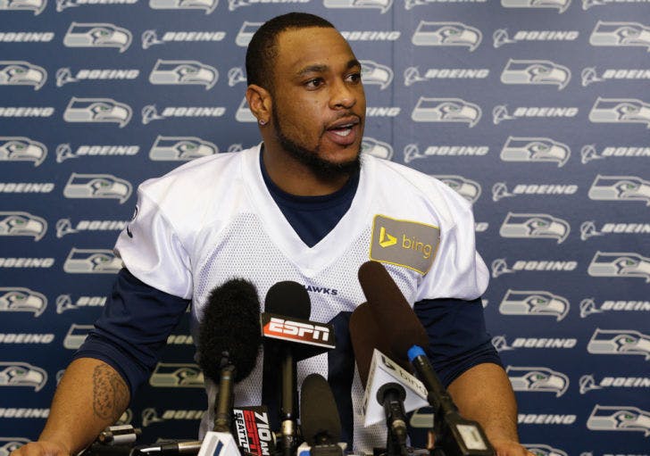 Seattle Seahawks wide receiver Percy&nbsp;Harvin talks to reporters after his team’s practice on Thursday in Renton, Wash. The Seahawks face the Denver Broncos on Sunday at 6:25 p.m. in Super Bowl XLVIII.