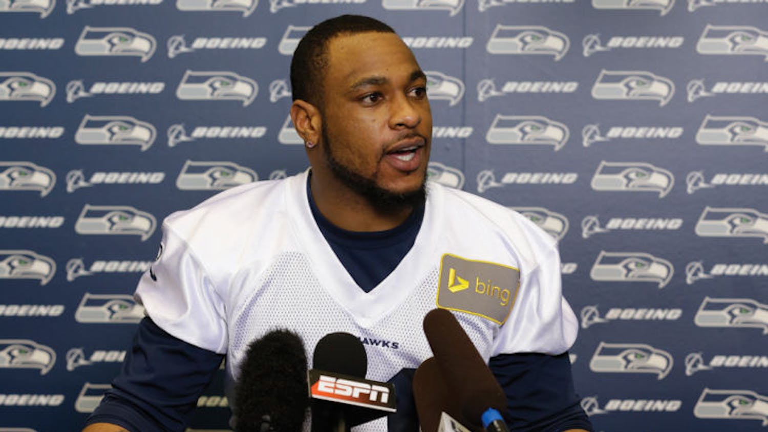 Seattle Seahawks wide receiver Percy Harvin talks to reporters after his team’s practice on Thursday in Renton, Wash. The Seahawks face the Denver Broncos on Sunday at 6:25 p.m. in Super Bowl XLVIII.