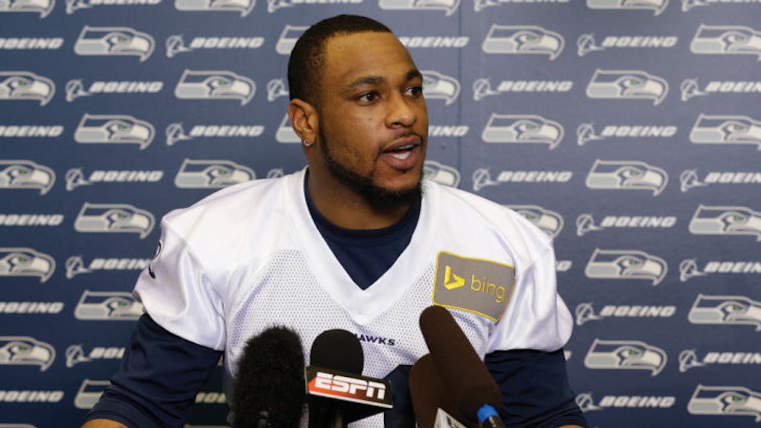 Seattle Seahawks wide receiver Percy&nbsp;Harvin talks to reporters after his team’s practice on Thursday in Renton, Wash. The Seahawks face the Denver Broncos on Sunday at 6:25 p.m. in Super Bowl XLVIII.