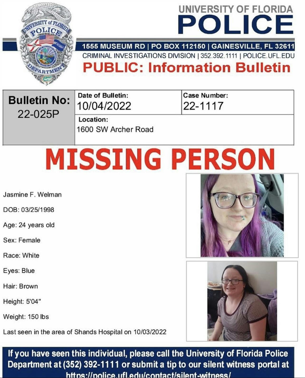 A screenshot from the UF Public Safety Instagram showing Jasmine Welman&#x27;s missing person bulletin. ﻿