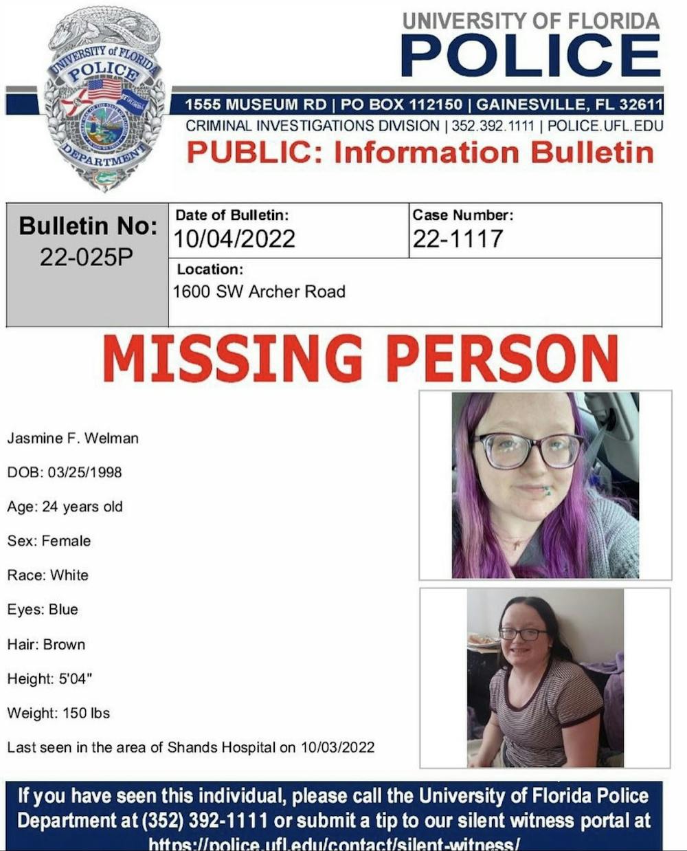 <p>A screenshot from the UF Public Safety Instagram showing Jasmine Welman&#x27;s missing person bulletin. ﻿</p>