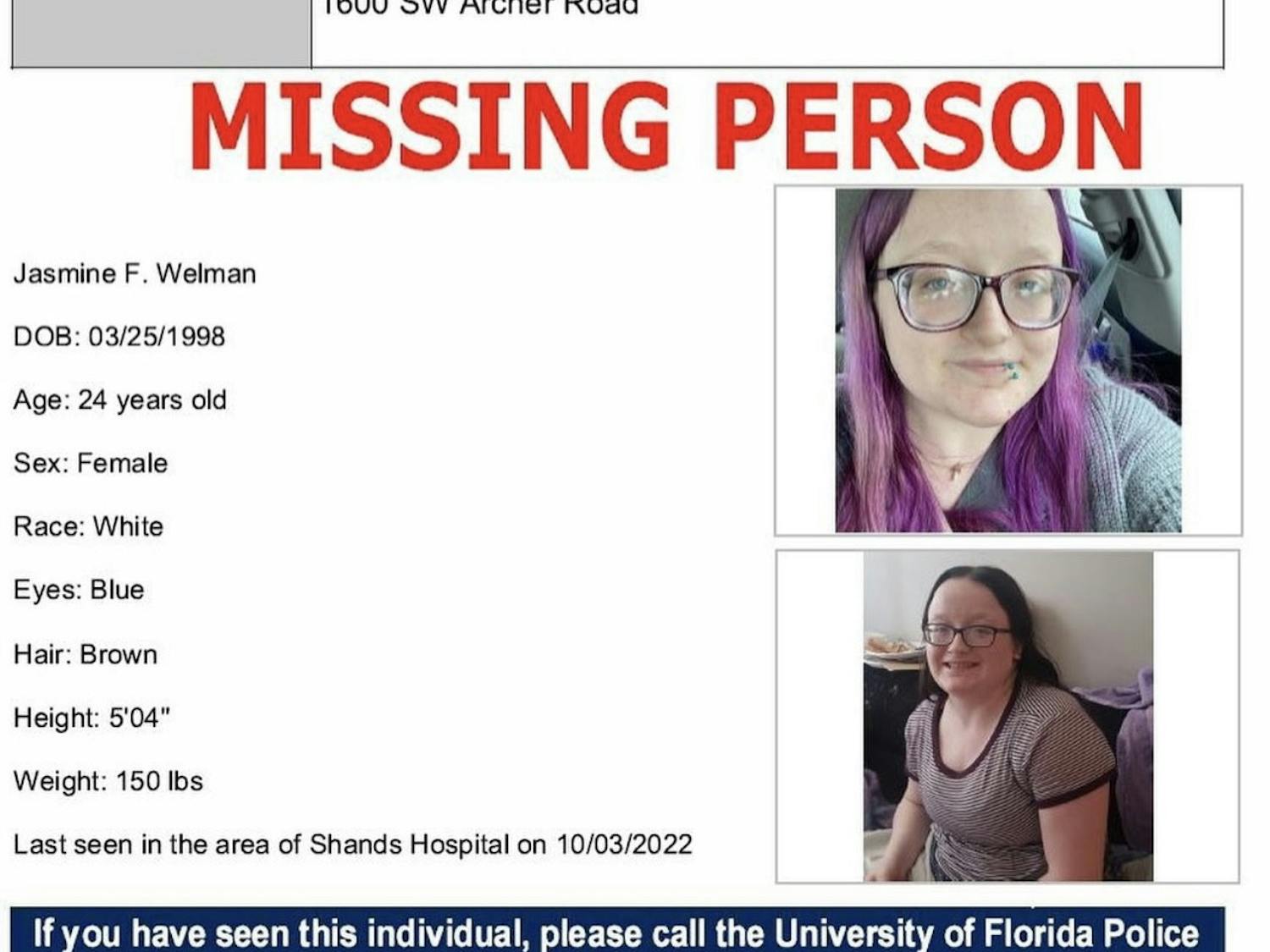 A screenshot from the UF Public Safety Instagram showing Jasmine Welman&#x27;s missing person bulletin. ﻿