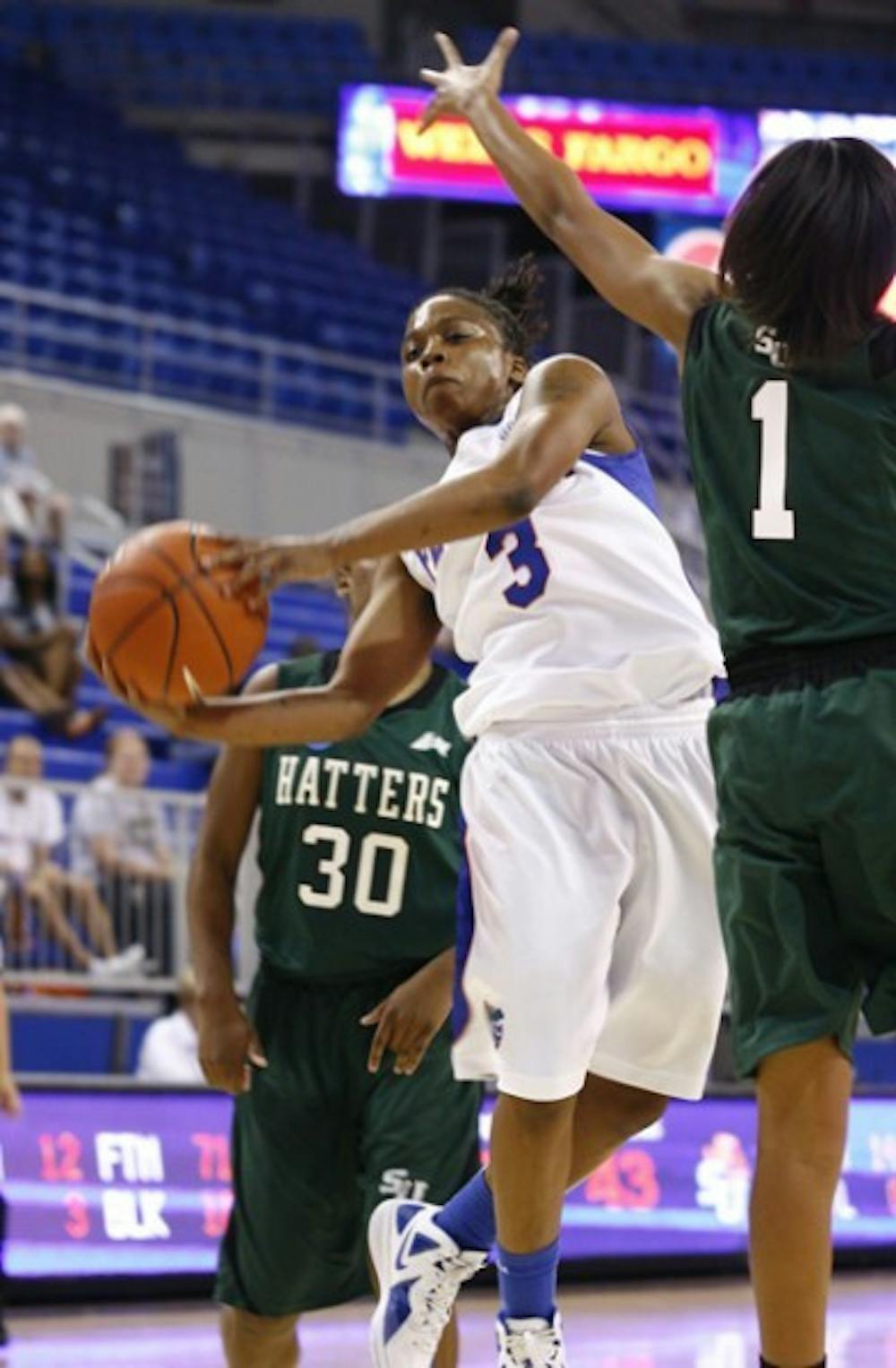 <p>Florida senior point guard Lanita Bartley scored 44 points and grabbed 16 rebounds in two Gators’ wins during the weekend.</p>