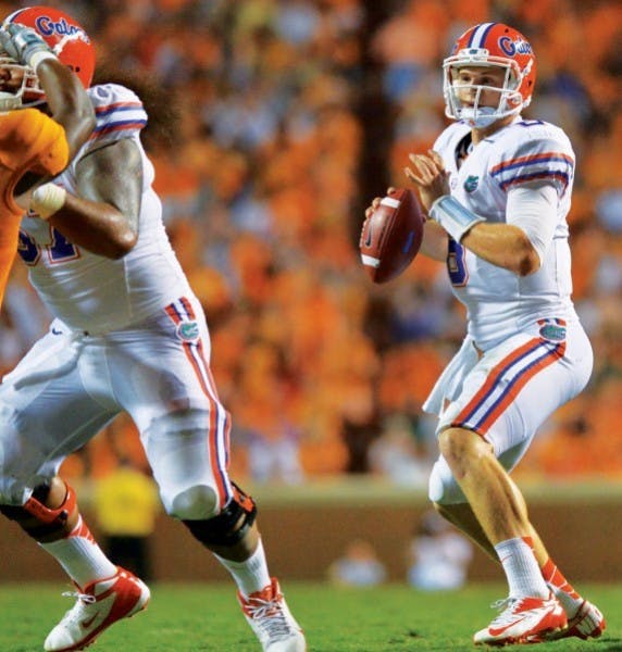 Sophomore quarterback Jeff Driskel (6) looks for an open receiver during UF's victory against Tennessee at Neyland Stadium on Saturday. For the first time in 20 years, Florida has just one true Southeastern Conference road game remaining.&nbsp;