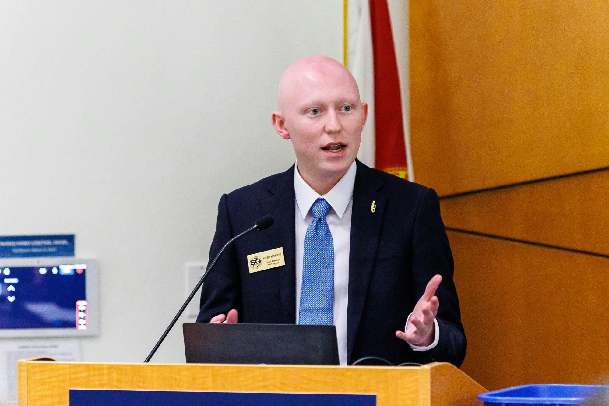 University of Florida student government Senate President Pro Tempore Matthew Bravo speaks during a student senate meeting, Tuesday, Feb. 3, 2026, in Gainesville, Fla.
