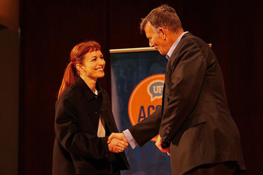 Britt Lower (from the Apple TV Show Severance) speaks at the University of Florida's auditorium.