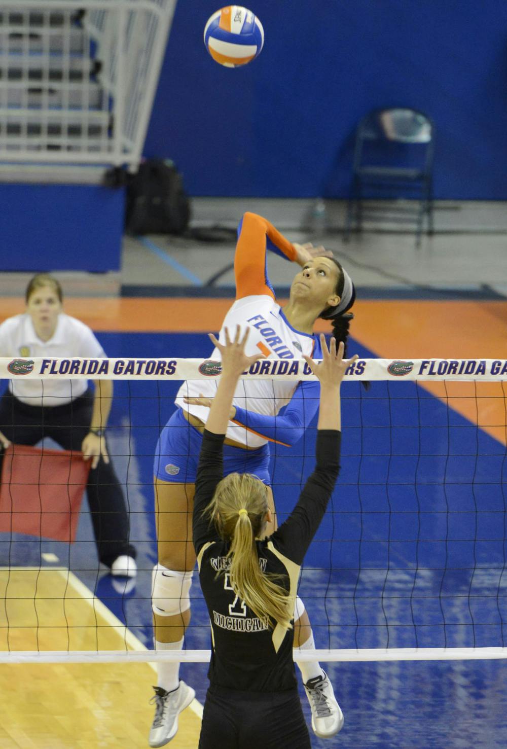 <p>Gabby Mallette reaches to hit the ball during Florida’s four-set win against Western Michigan on Sept. 14 in the O’Connell Center.</p>