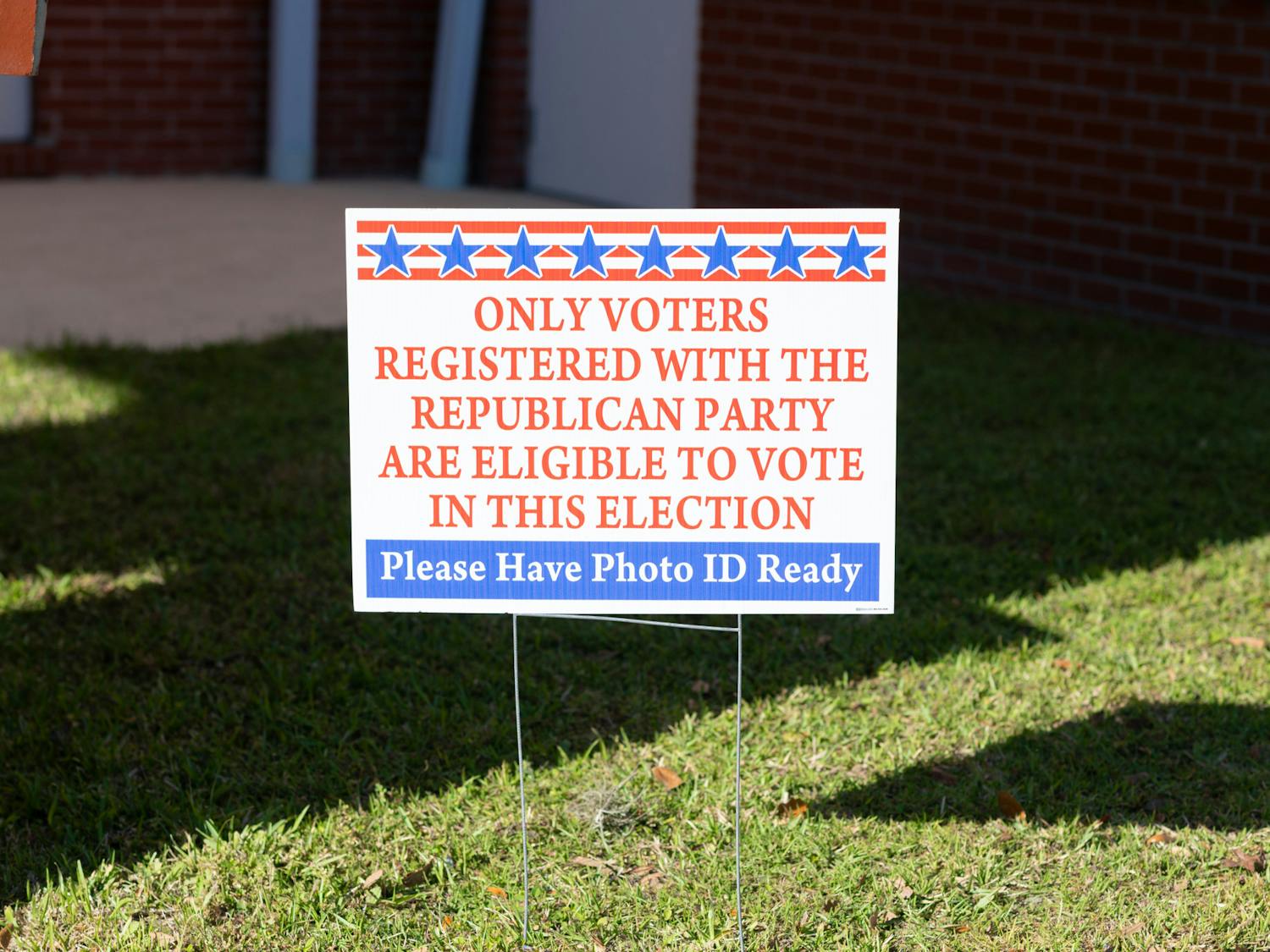 Sign displayed at Madison Street Baptist Church in Starke, Fla. during presidential primary elections on Tuesday, March 19, 2024.