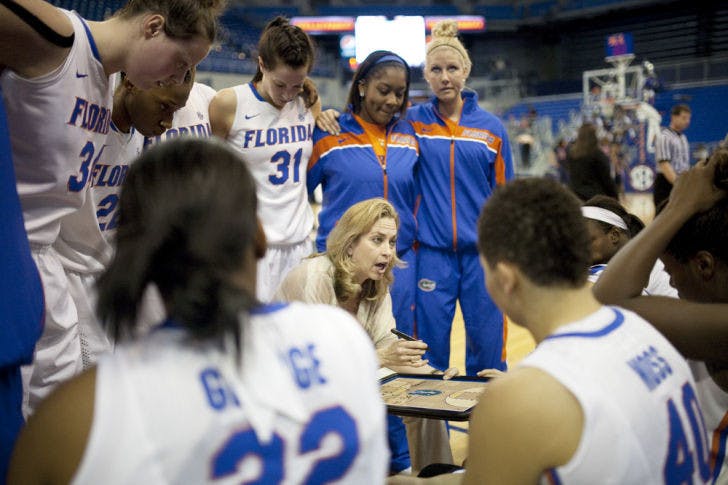 Coach Amanda Butler draws up a play during a timeout in Florida’s 88-81 loss to Ole Miss on Jan. 24 in the O’Connell Center. UF’s loss to Missouri on Thursday was its fifth straight defeat.
