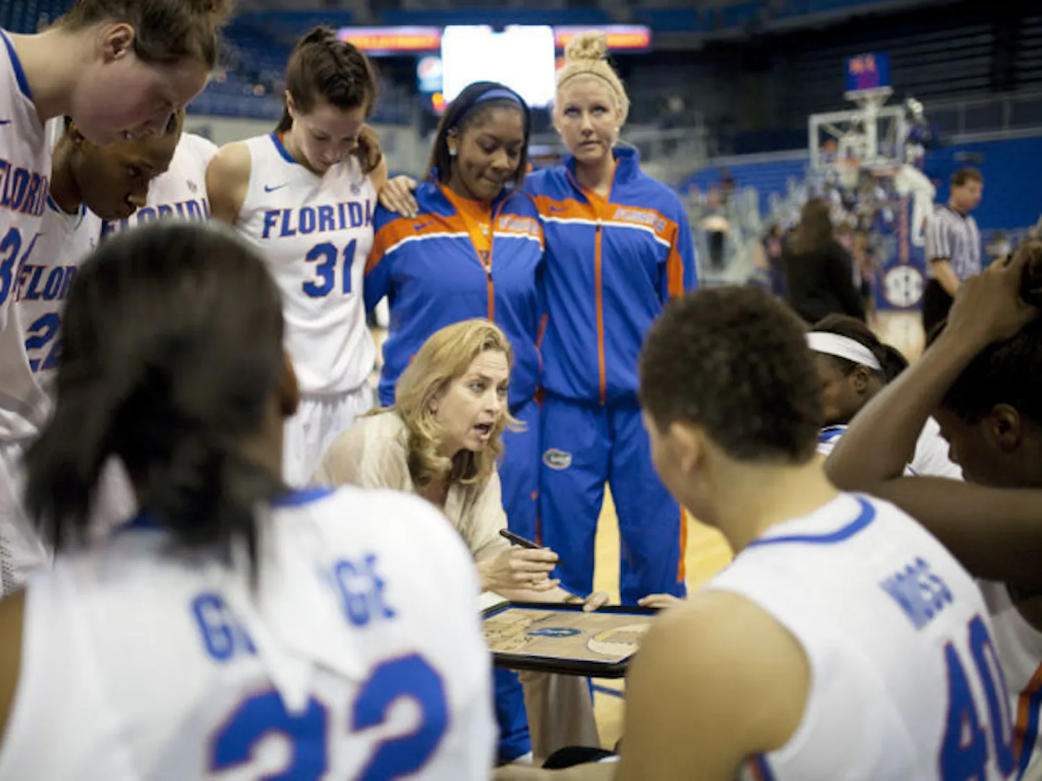 Coach Amanda Butler draws up a play during a timeout in Florida’s 88-81 loss to Ole Miss on Jan. 24 in the O’Connell Center. UF’s loss to Missouri on Thursday was its fifth straight defeat.