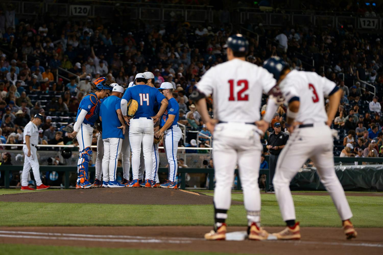 Florida baseball head coach Kevin O'Sullivan talks to his team during the Gators’ loss to the Texas A&M Aggies on Saturday, June 15, 2024.