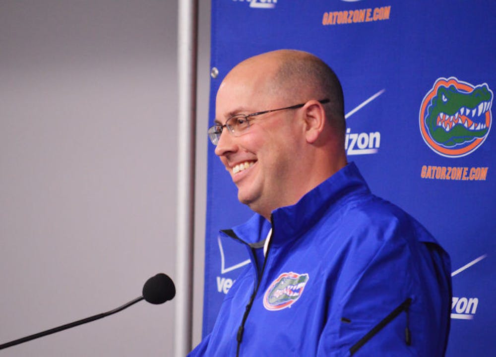 <p>Offensive coordinator Kurt Roper addresses the media during his introductory press conference on Jan. 13. Four-star quarterback Sheriron Jones, who was recruited by Roper, committed to Florida on Sunday.</p>