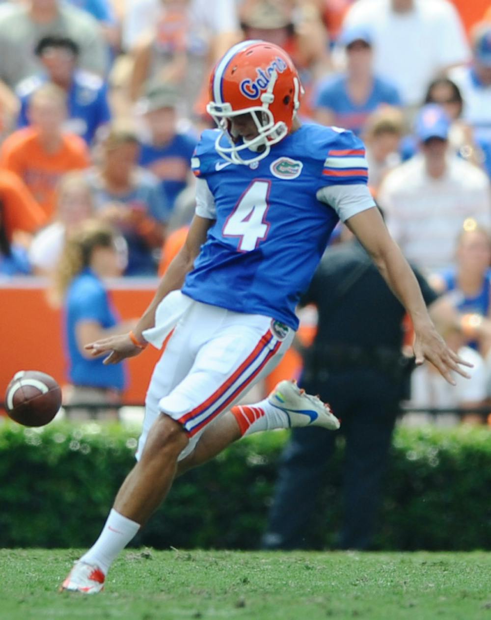 <p>Kyle Christy punts the ball during Florida’s 24-6 victory against Toledo on Saturday in Ben Hill Griffin Stadium. Christy averaged 38.2 yards per punt in the game.</p>