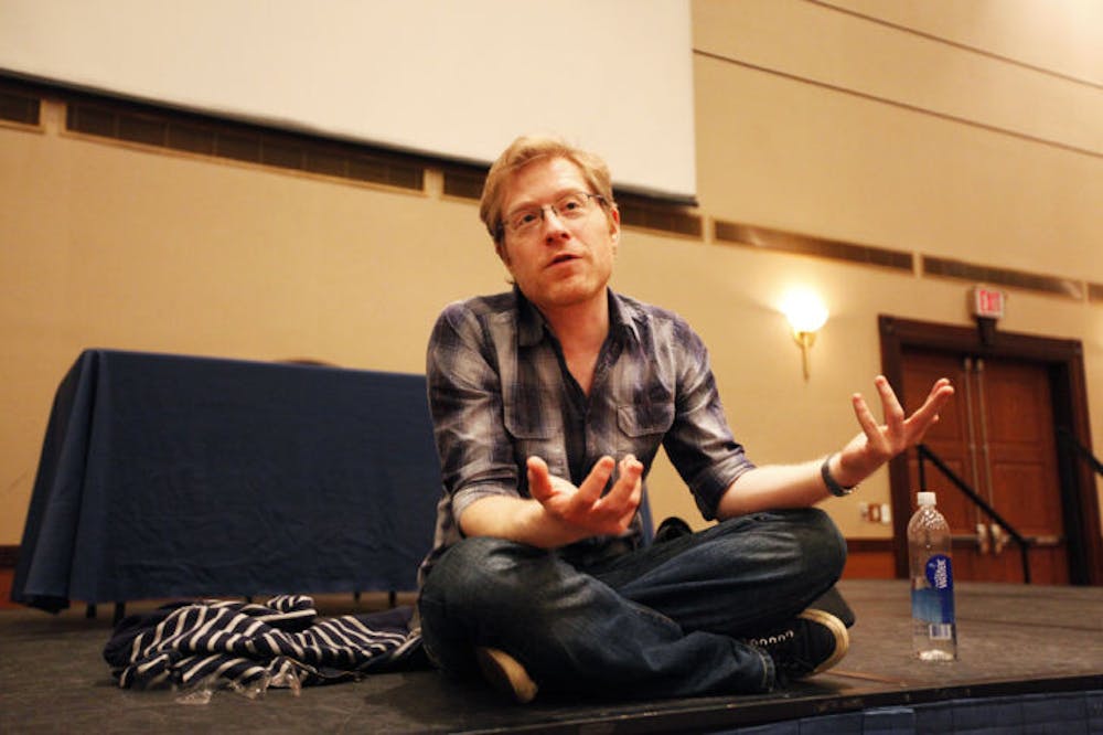 <p>Actor Anthony Rapp, best known for his performance in the Broadway musical and film “Rent,” speaks to students in the Reitz Union Grand Ballroom on Thursday evening before his show.</p>