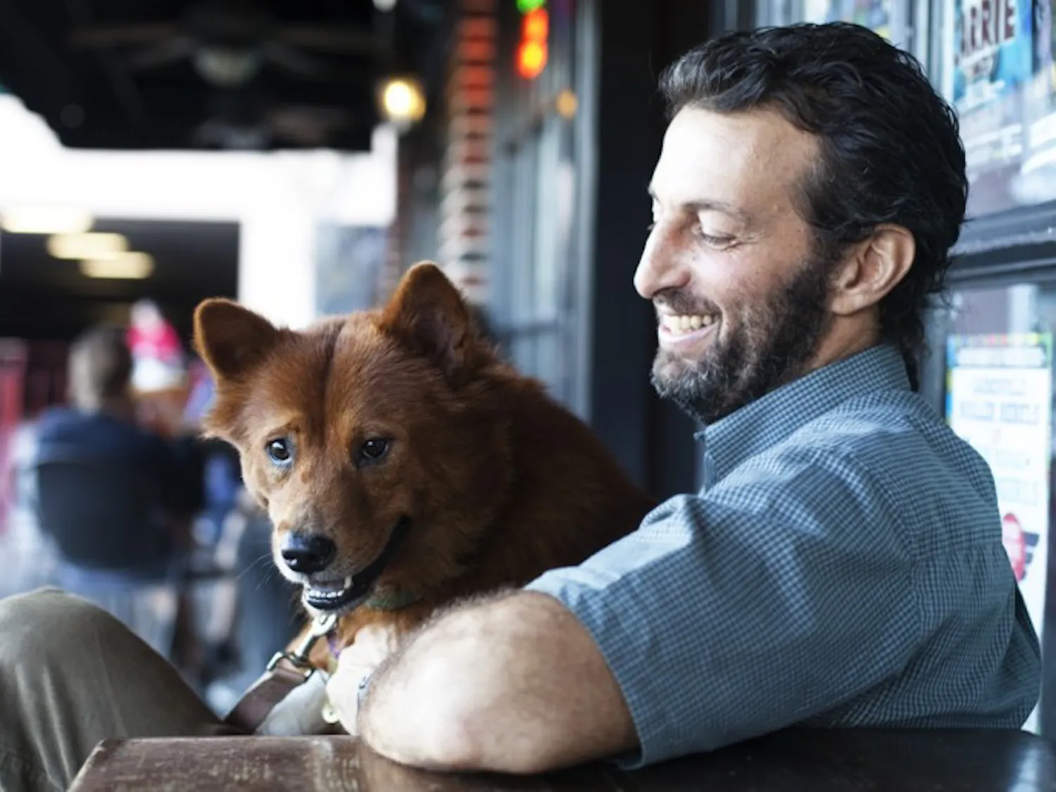 Mushi, a 3-year-old Chow Chow mix, sits on Dan Kahn’s lap and looks at passersby outside Loosey’s in downtown Gainesville on Tuesday, two weeks after being hit by a car.