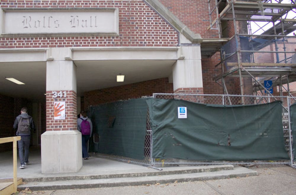 <p>Rolfs Hall, originally built in 1927, is undergoing a six-week renovation. All the existing bricks on the outside of the stair tower will be removed and replaced.</p>
