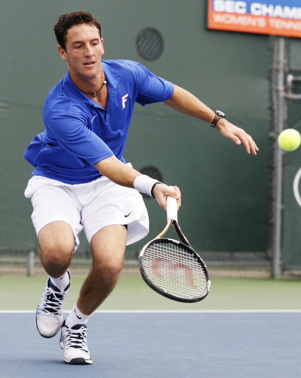 <p>Gordon Watson hits a ball during Florida’s 7-0 win against St. John’s on Jan. 6, 2013. The junior won the singles event of the Gainesville ITA Circuits Draw on Monday.</p><p><span> </span></p>