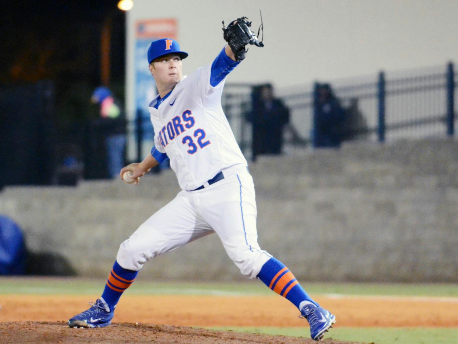 Logan Shore (32) pitches during Florida's 9-1 win against Rhode Island at McKethan Stadium.