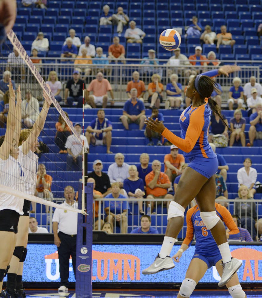 Simone Antwi jumps for the ball during Florida’s 3-0 victory against New Orleans on Aug. 30 in the O’Connell Center. UF is 5-1 this season.