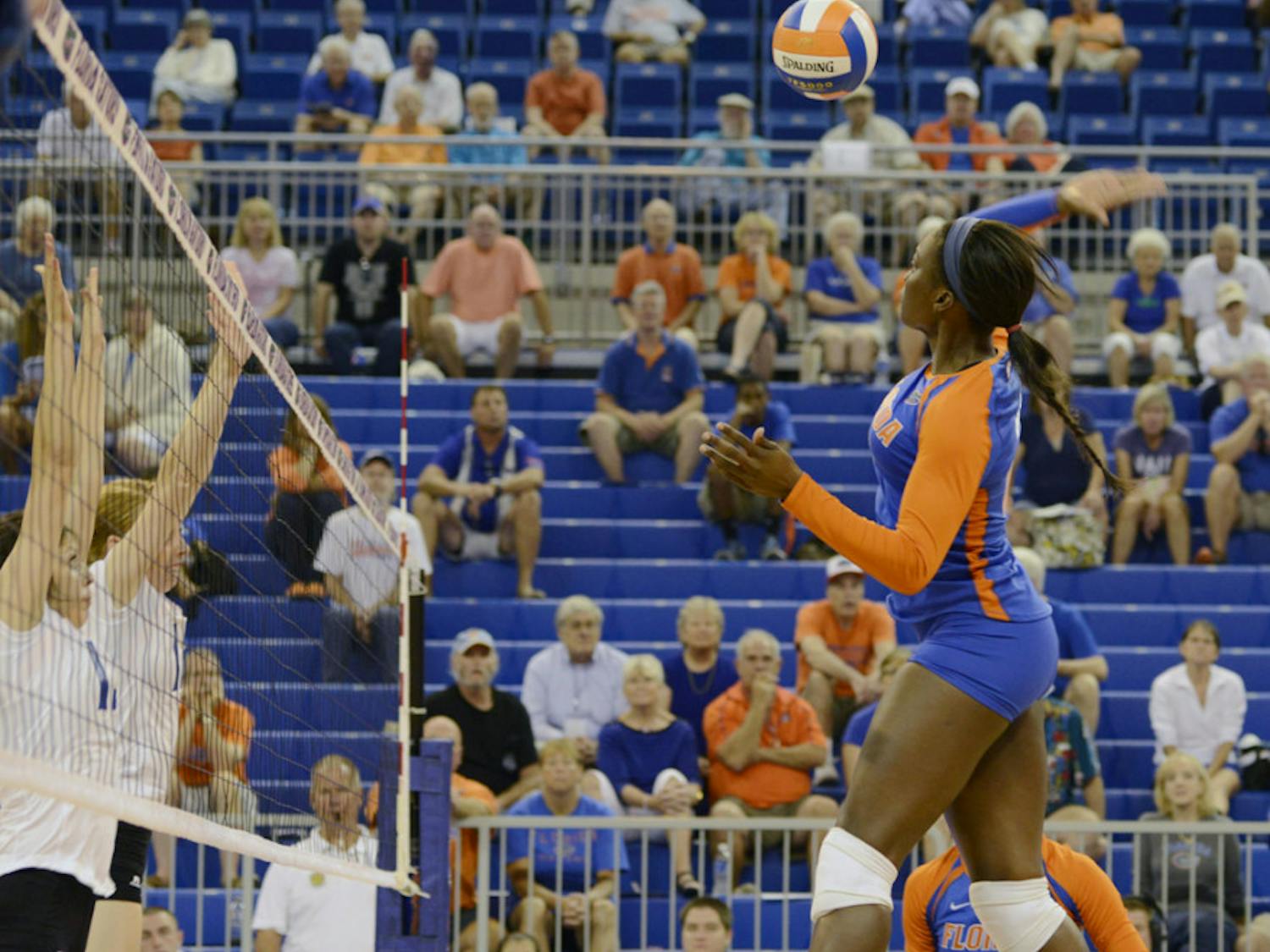 Simone Antwi jumps for the ball during Florida’s 3-0 victory against New Orleans on Aug. 30 in the O’Connell Center. UF is 5-1 this season.