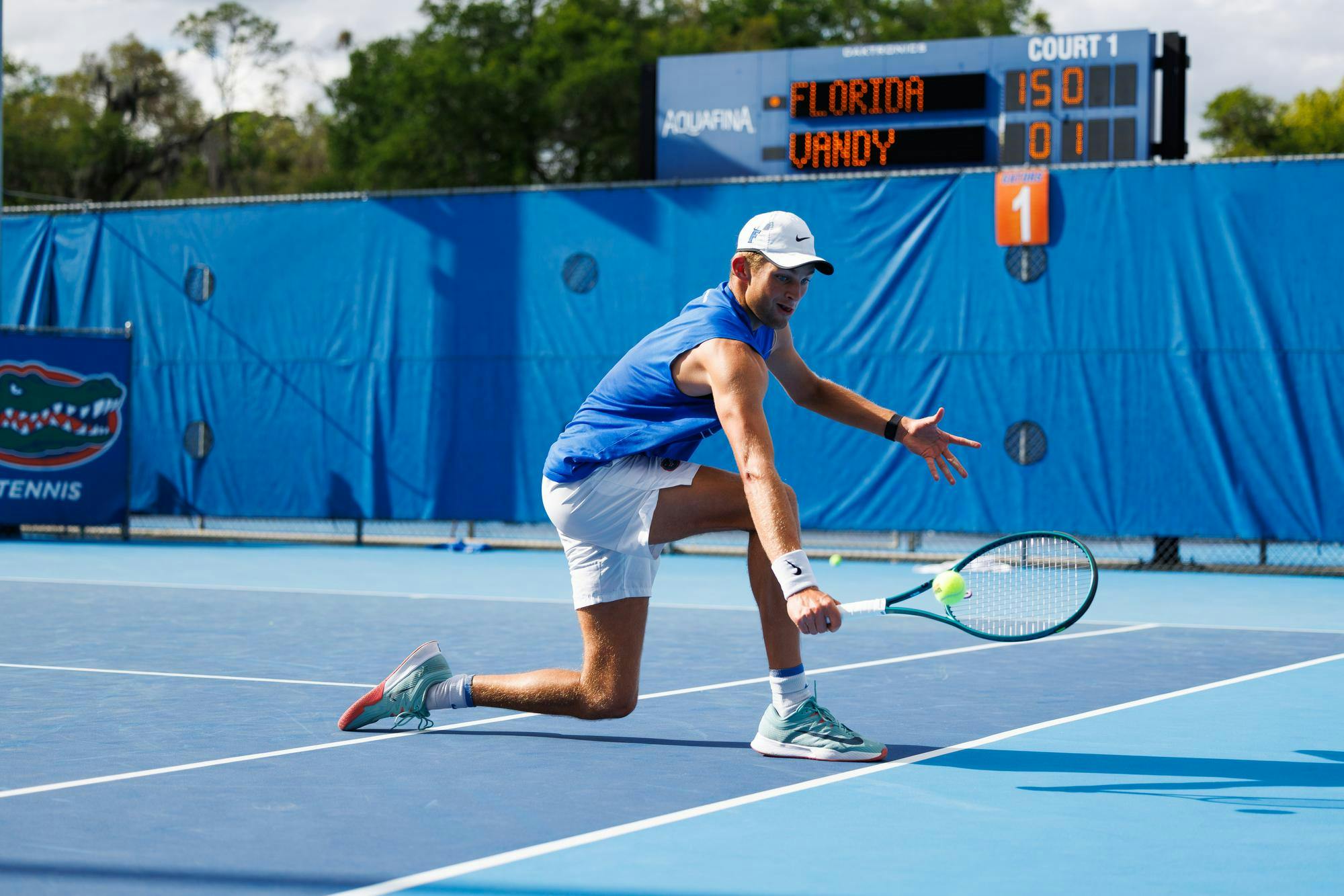 during an NCAA tennis match against Vanderbilt, Thursday, April 2, 2026, in Gainesville, Fla.