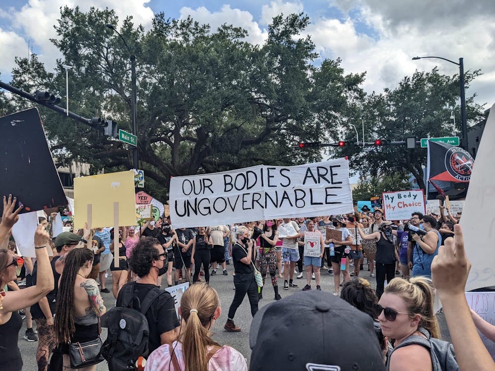 <p>About ,1000 protestors march in Gainesville on Saturday, June 25, 2022 after the official announcement of the overturning of Roe v. Wade</p>