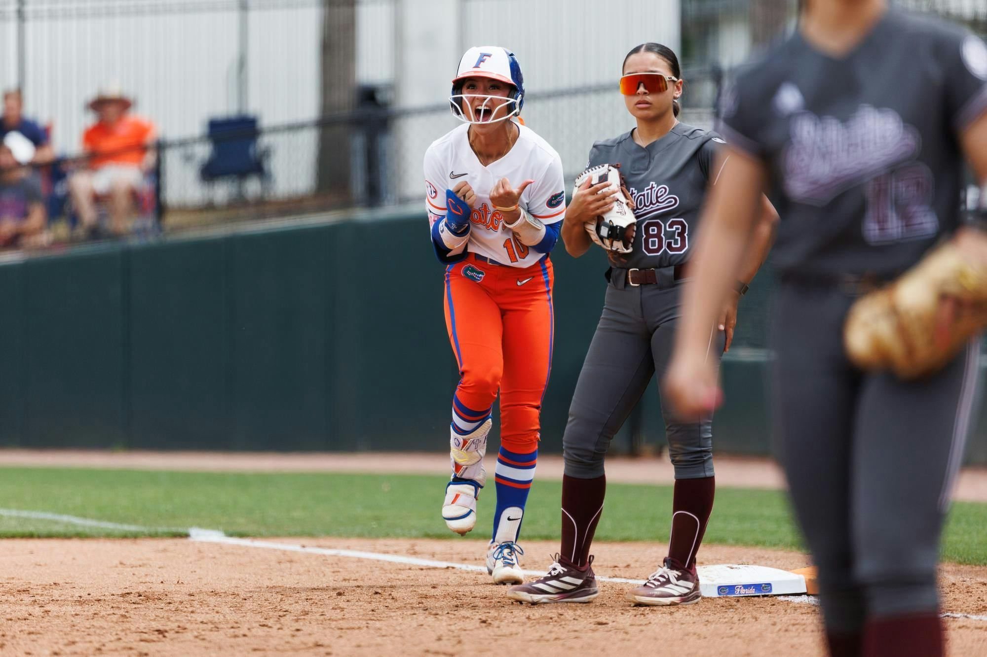 Florida Gators infielder Gabi Comia yells after an rbi bunt during an NCAA softball game against Mississippi State, Sunday, April 5, 2026, in Gainesville, Fla.