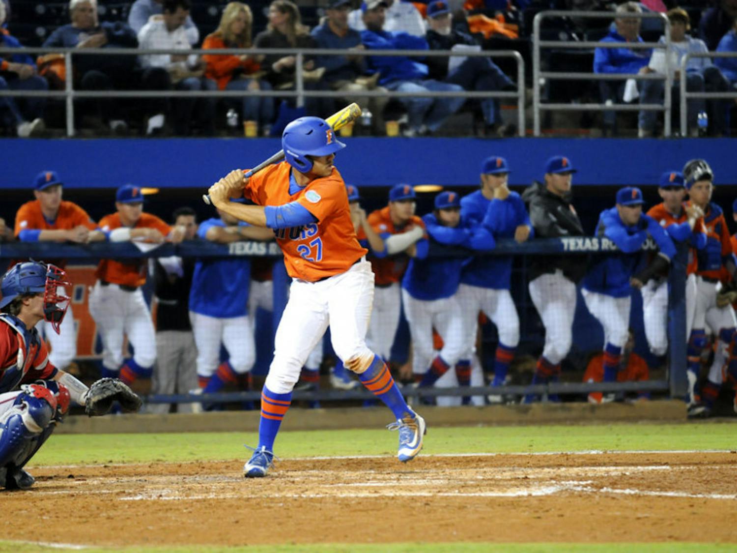 Nelson Maldonado bats during Florida's 2-1 win over Florida Atlantic on March 22, 2016, at McKethan Stadium.