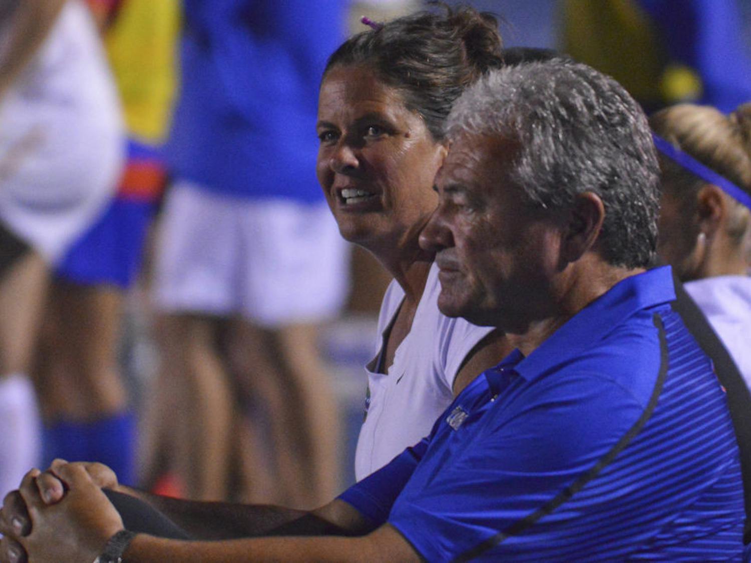 UF coach Becky Burleigh looks down the field during Florida's season-opening win against Miami on Aug. 24, 2014.