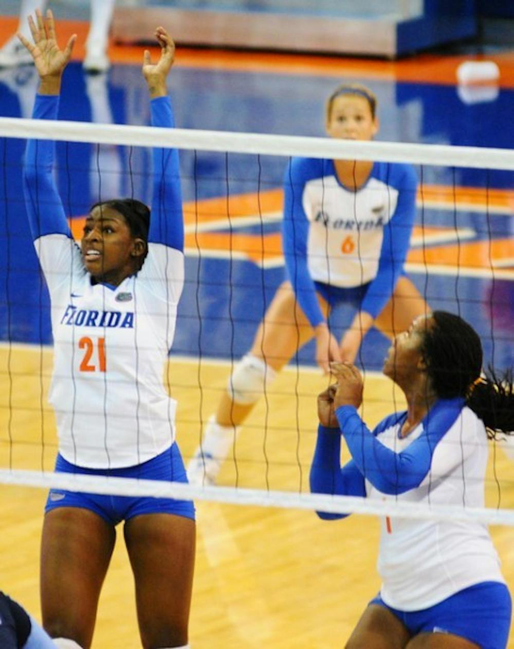 <p>Gators middle blocker Cassandra Anderson (21) is second on the team in blocks, but coach Mary Wise said Florida wants to get her more involved against Auburn tonight at 8.</p>