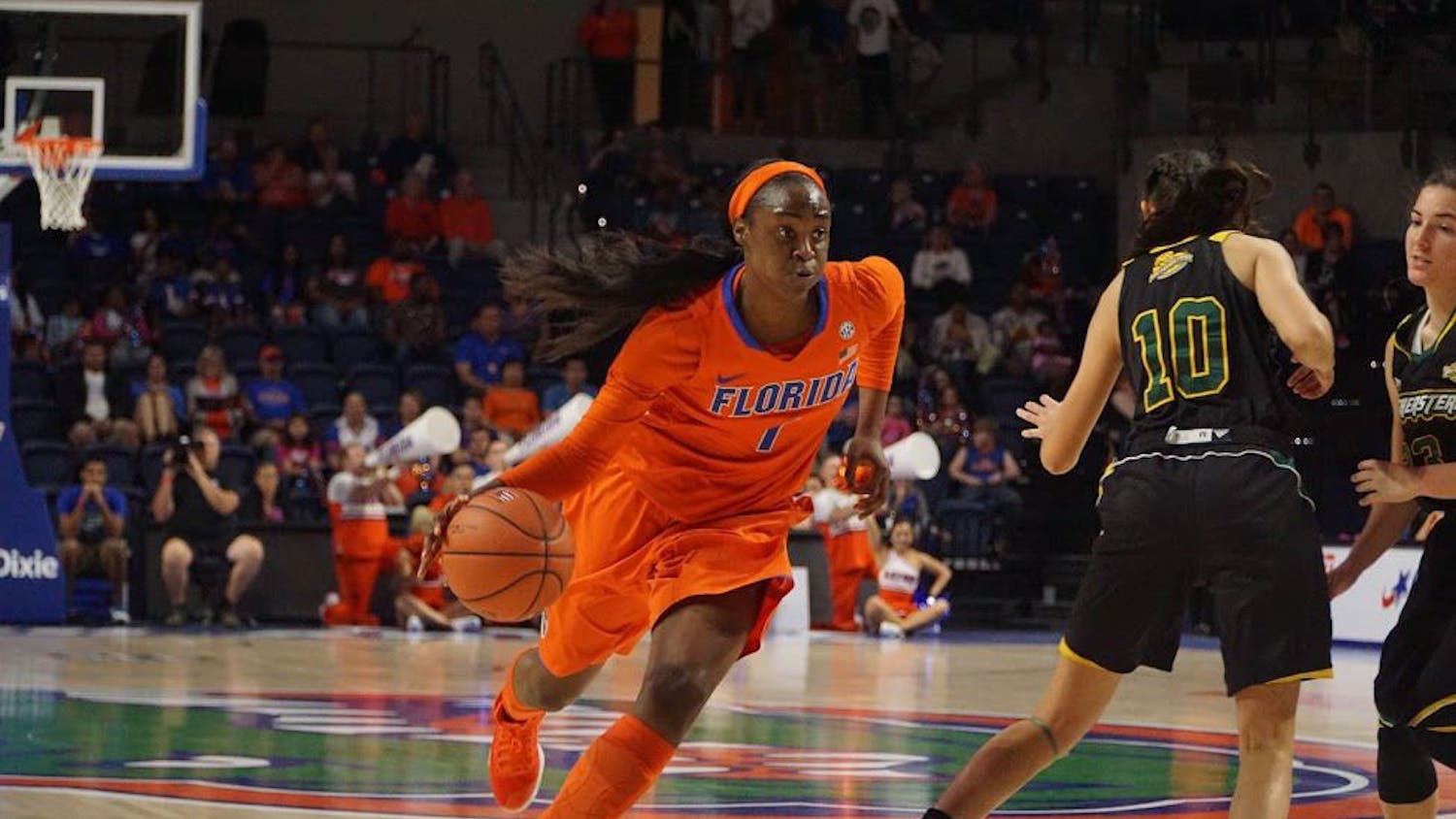 UF forward Ronni Williams dribbles the ball during Florida's 102-51 win over Southeastern Louisiana on Dec. 28, 2016, in the O'Connell Center.&nbsp;