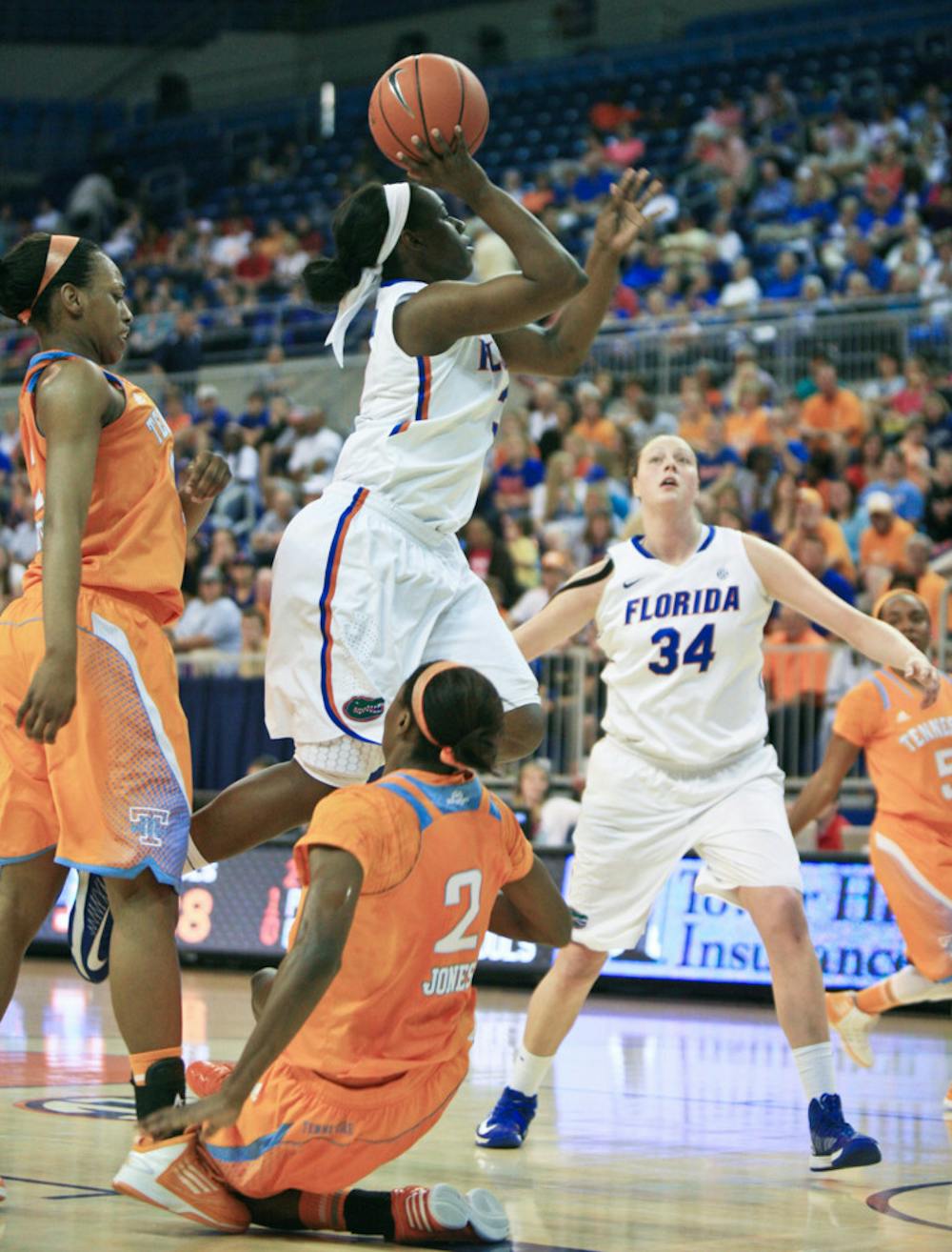 <p><span>January Miller (right) attempts a shot during Florida’s 78-75 overtime loss to Tennessee on Sunday at home.</span></p>
<div><span><br /></span></div>