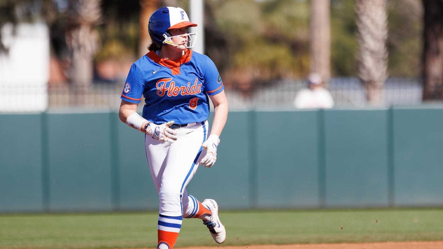Florida catcher Jocelyn Erickson (8) runs to third base during an NCAA softball game against Lindenwood, Saturday, Feb. 21, 2026, in Gainesville, Fla.