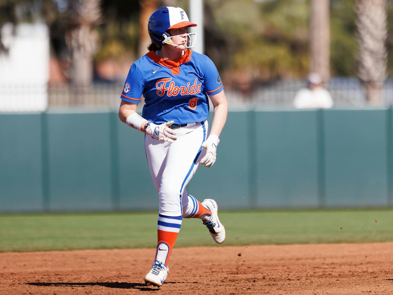 Florida catcher Jocelyn Erickson (8) runs to third base during an NCAA softball game against Lindenwood, Saturday, Feb. 21, 2026, in Gainesville, Fla.