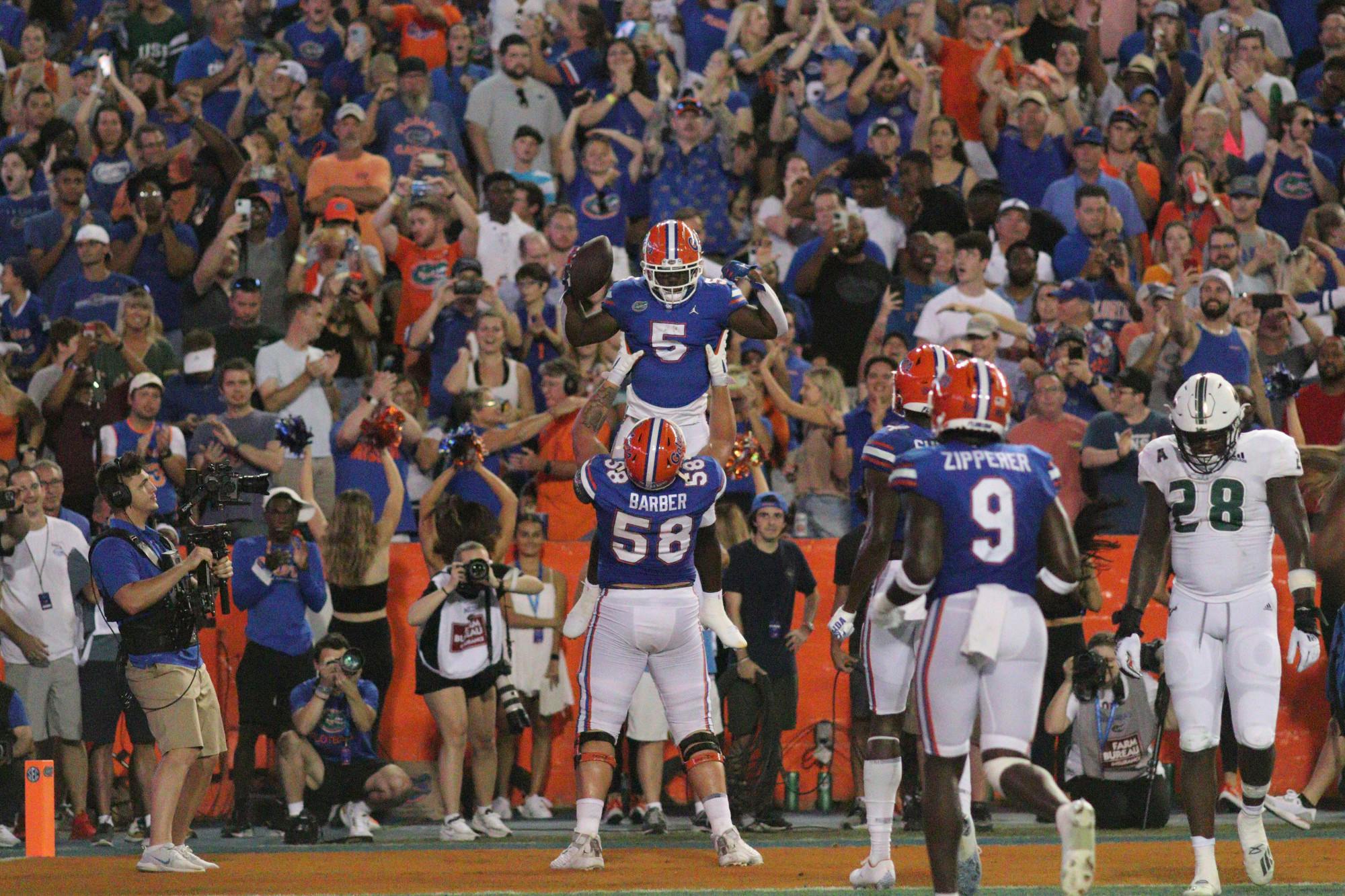 Florida running back Nay&#x27;Quan Wright celebrates a touchdown against South Florida Saturday, Sept. 17, 2022.