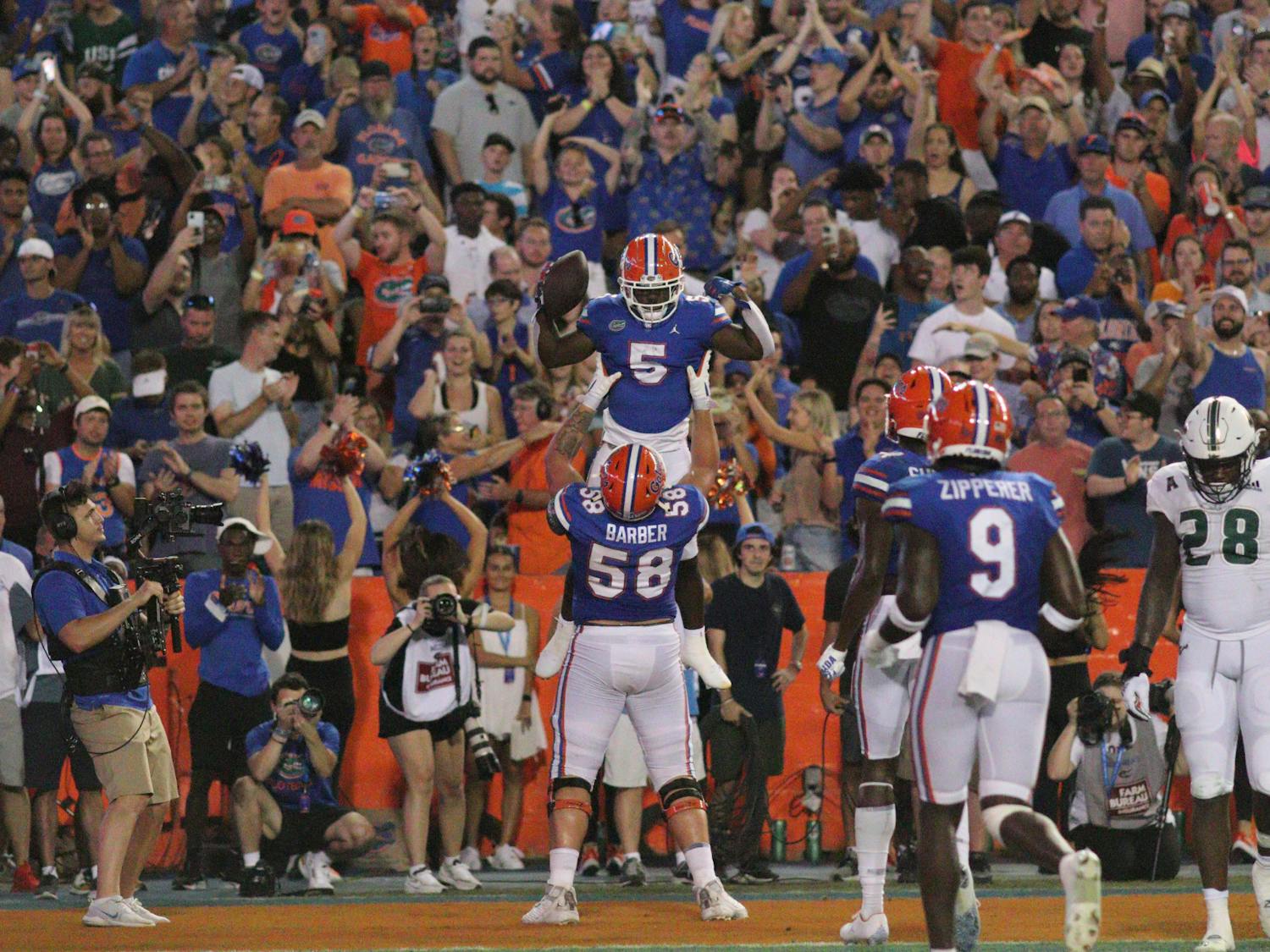 Florida running back Nay&#x27;Quan Wright celebrates a touchdown against South Florida Saturday, Sept. 17, 2022.