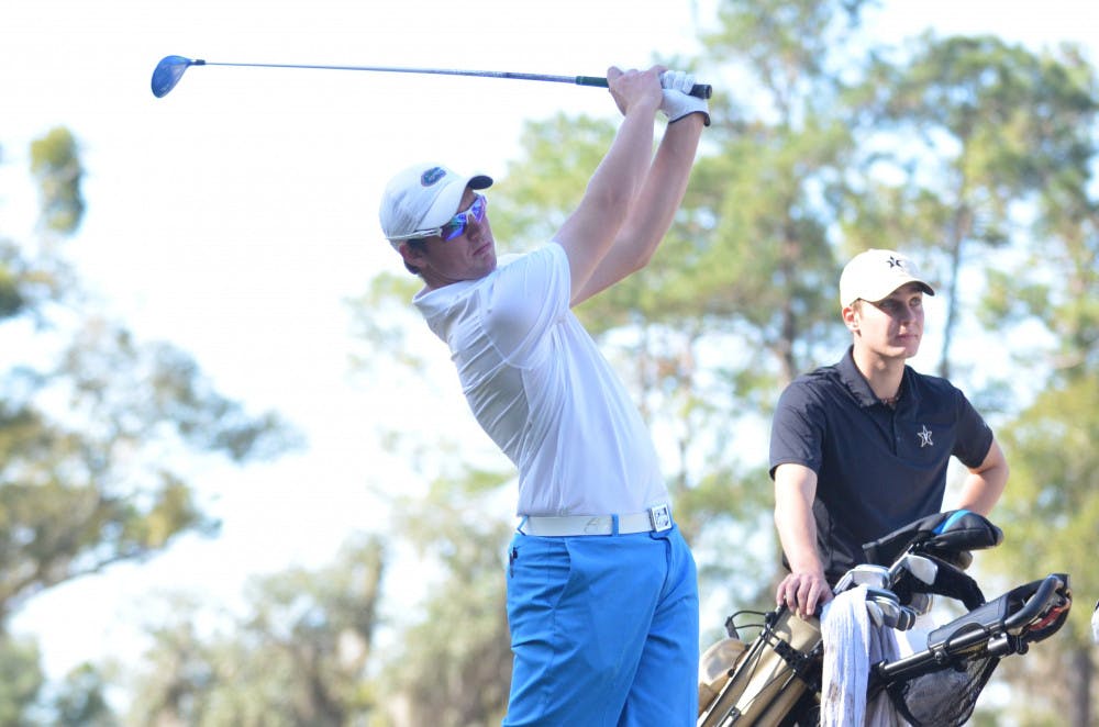 <p>Sam Horsfield tees off on the ninth hole at UF's Mark Bostick Golf Course during the first round of the SunTrust Invitational on Feb. 20, 2016.</p>